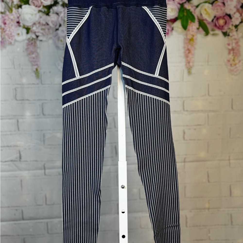 Asics Navy and White Striped Leggings